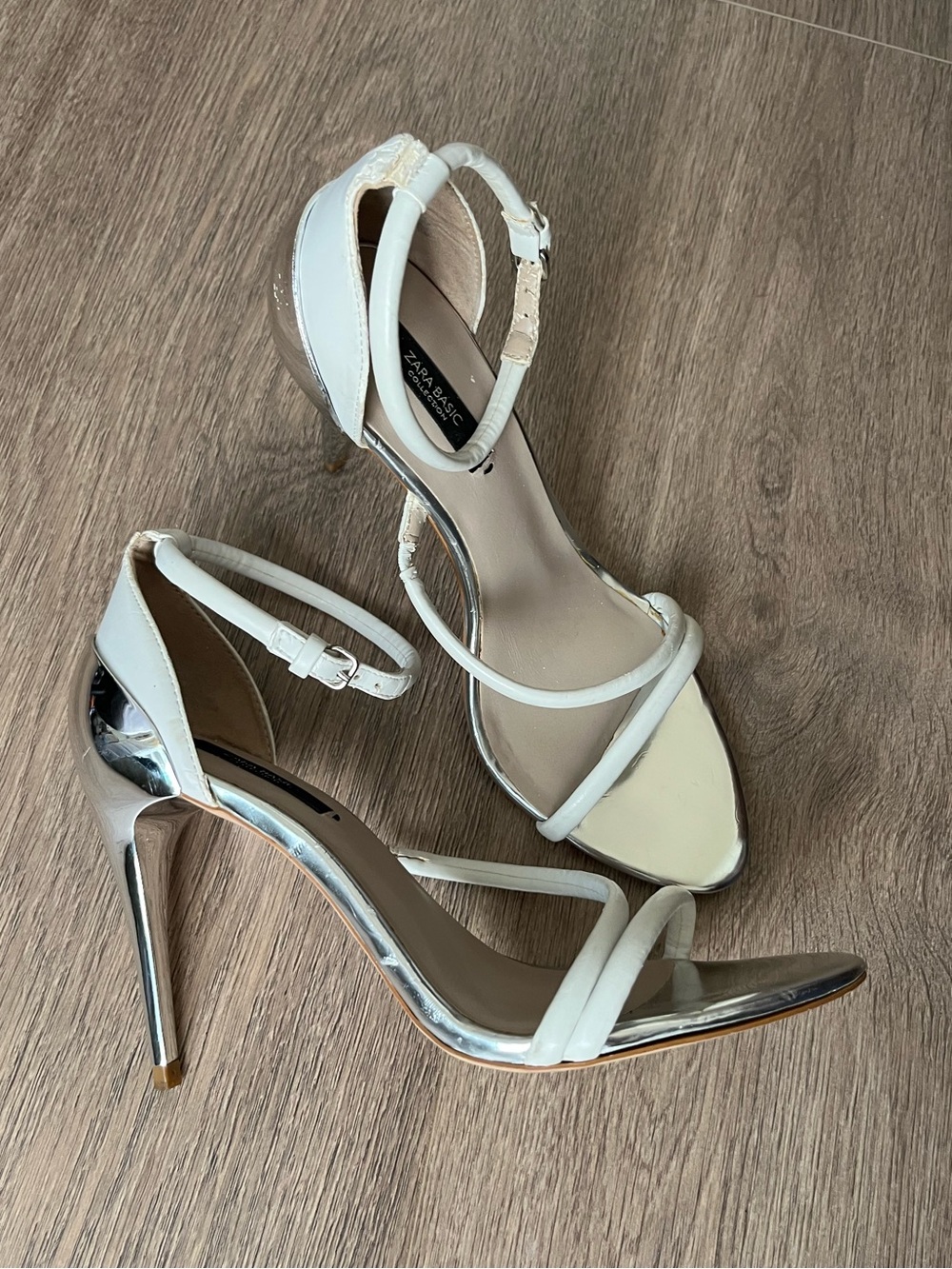 ZARA Stiletto Ankle-Strap Sandals size White and Silver 38